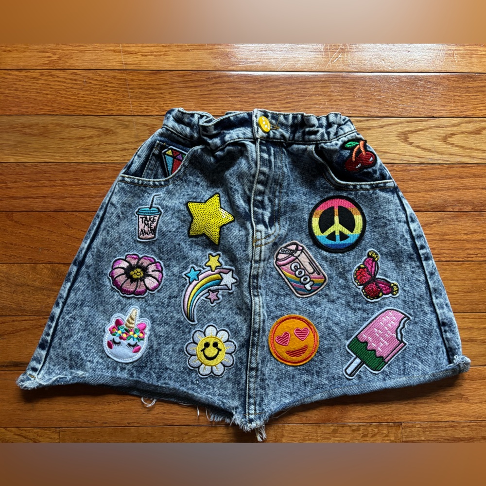 Lola + The Boys Denim Skirt with Colorful Patches